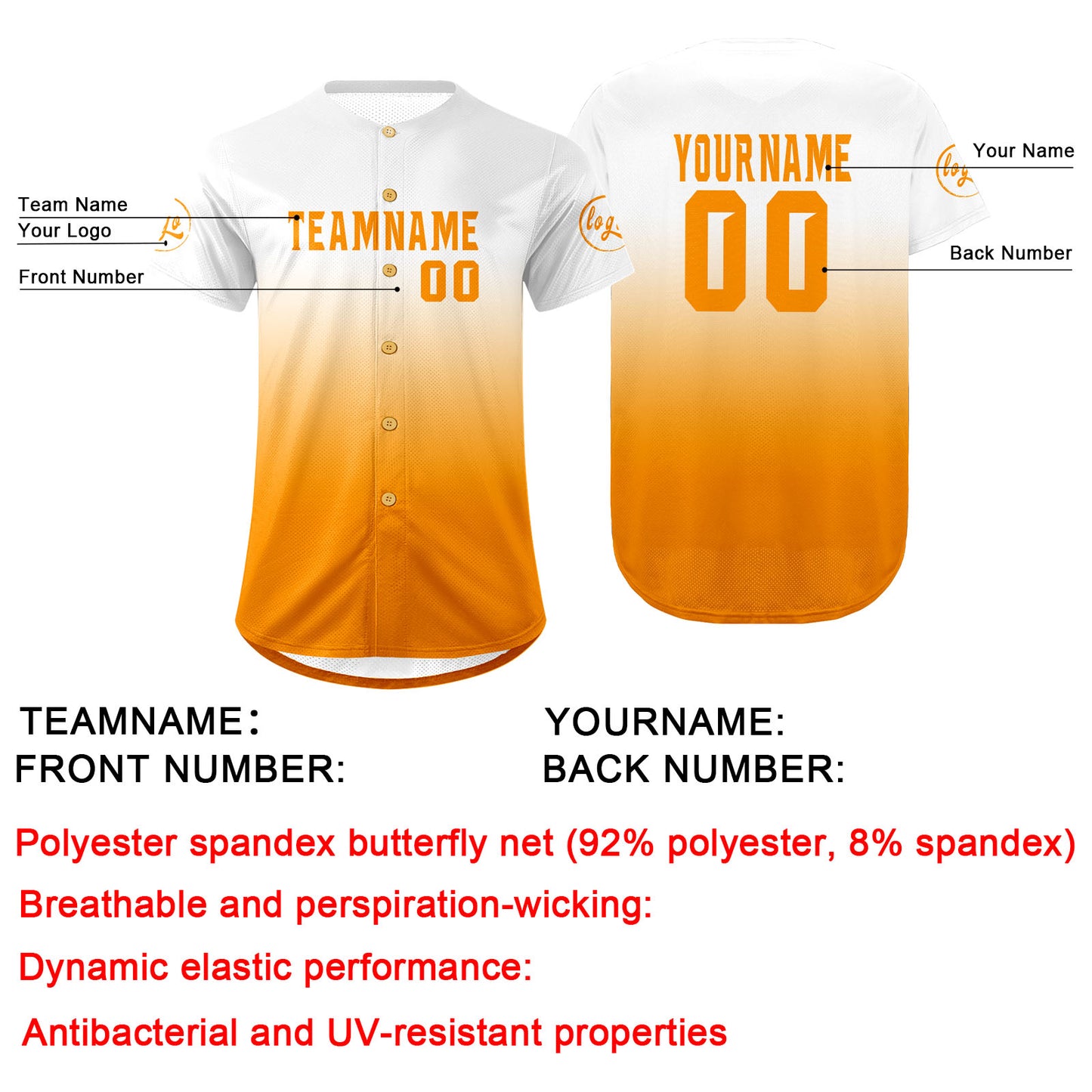 Custom White Orange Baseball Jersey Personalized Gradient Team Uniforms Shirt with Name Number