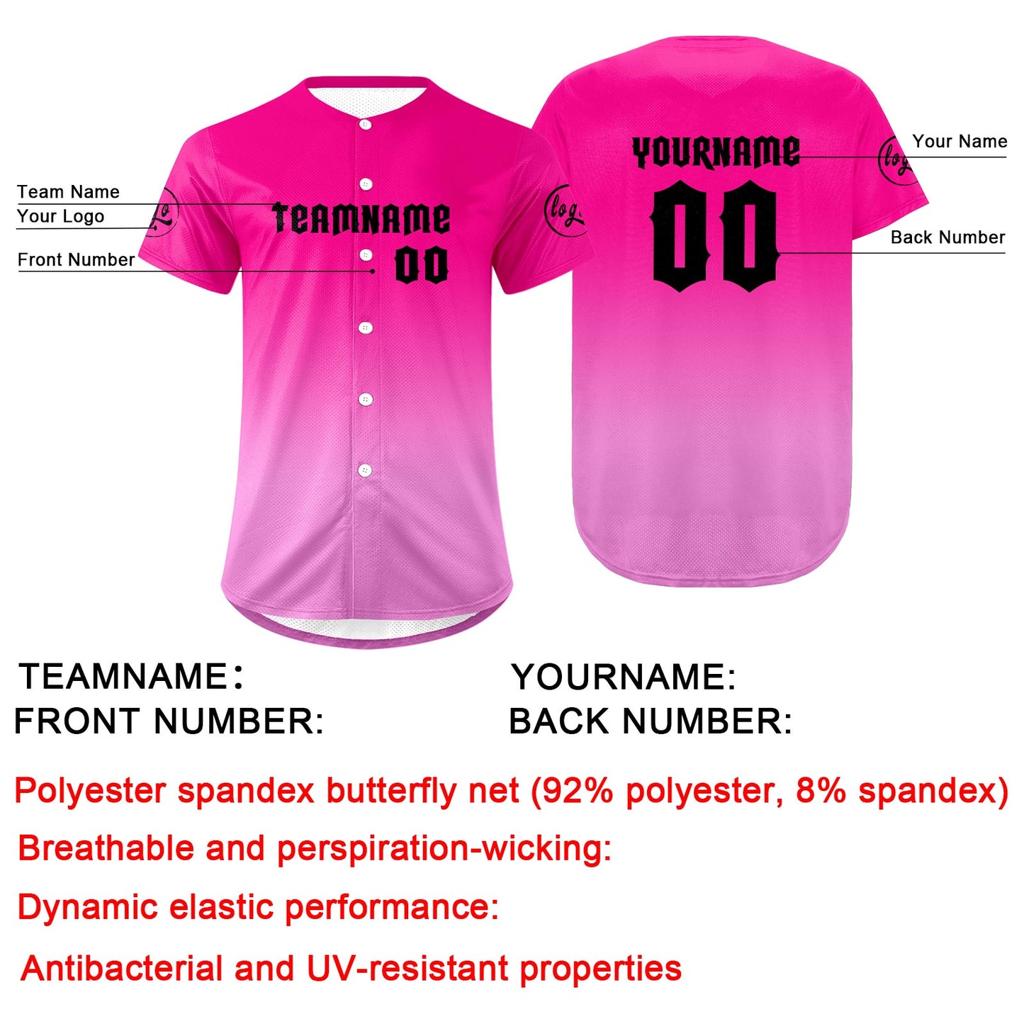 Custom Fuchsia Pink Baseball Jersey Personalized Gradient Team Uniforms Shirt with Name Number