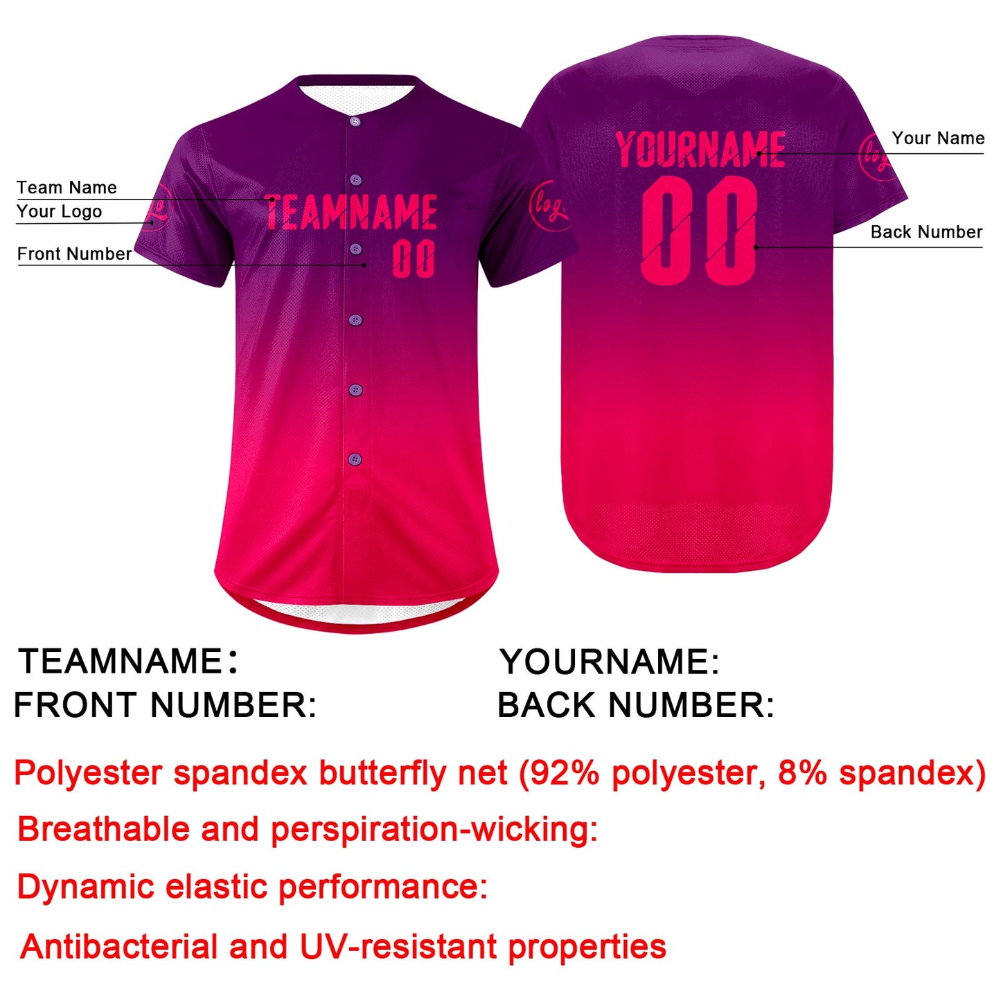 Custom Purple Fuchsia Baseball Jersey Personalized Gradient Team Uniforms Shirt with Name Number