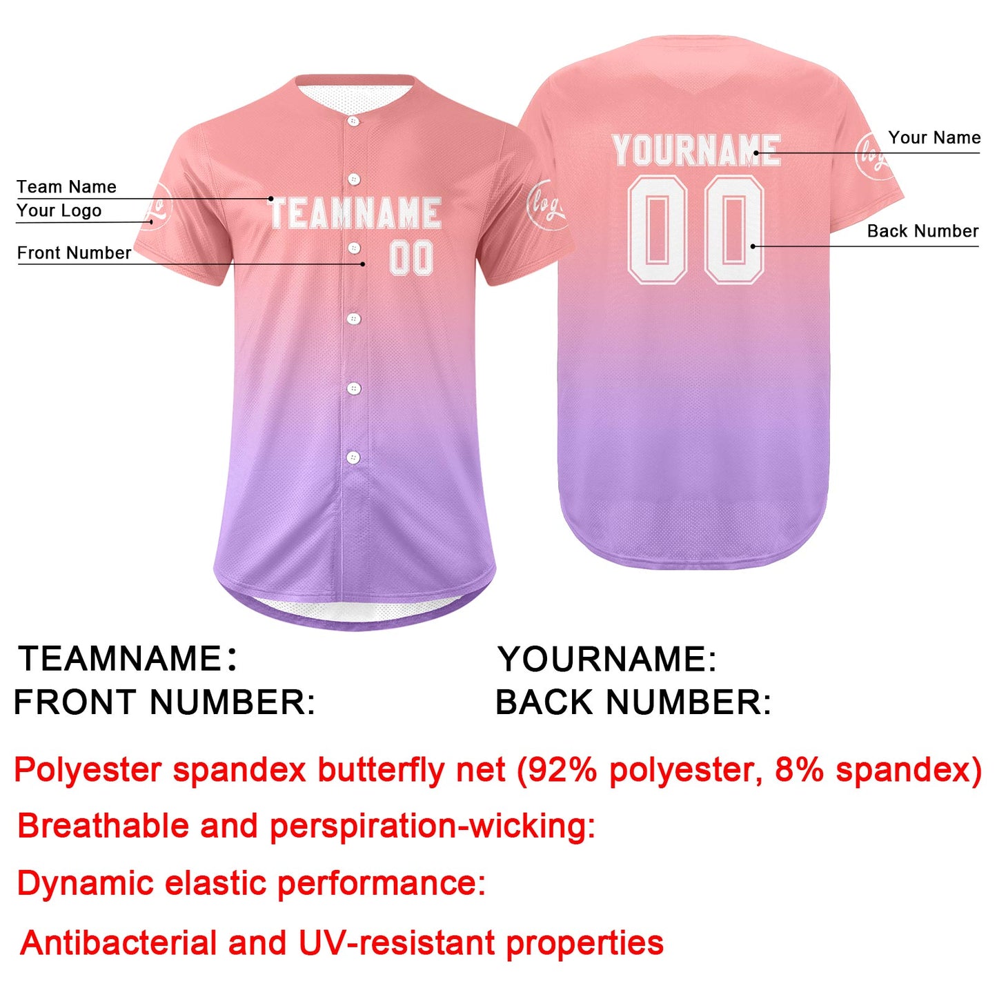 Custom Pink Light Purple Baseball Jersey Personalized Gradient Team Uniforms Shirt with Name Number