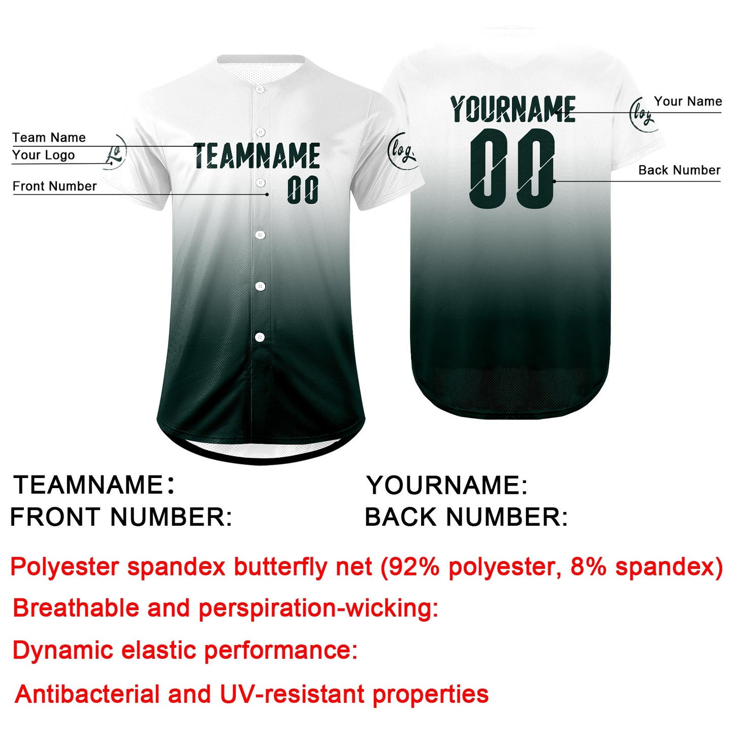 Custom White Dark Green Baseball Jersey Personalized Gradient Team Uniforms Shirt with Name Number