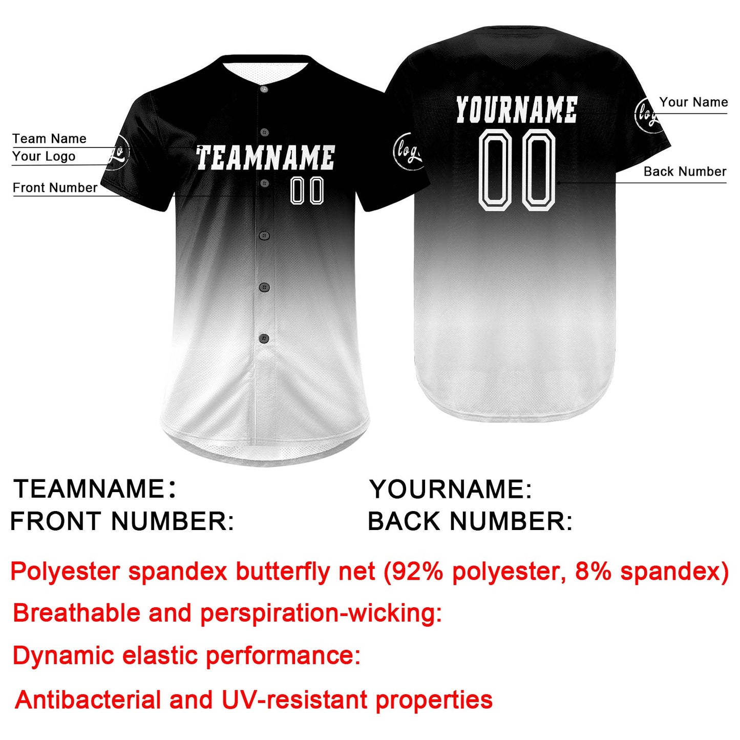 Custom Black White Baseball Jersey Personalized Gradient Team Uniforms Shirt with Name Number
