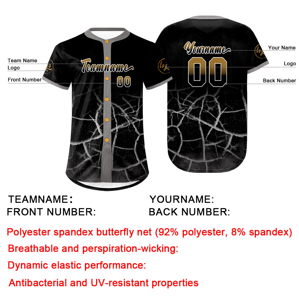 Custom Black Old Gold Baseball Jersey Personalized Gradient Team Uniforms Shirt with Name Number