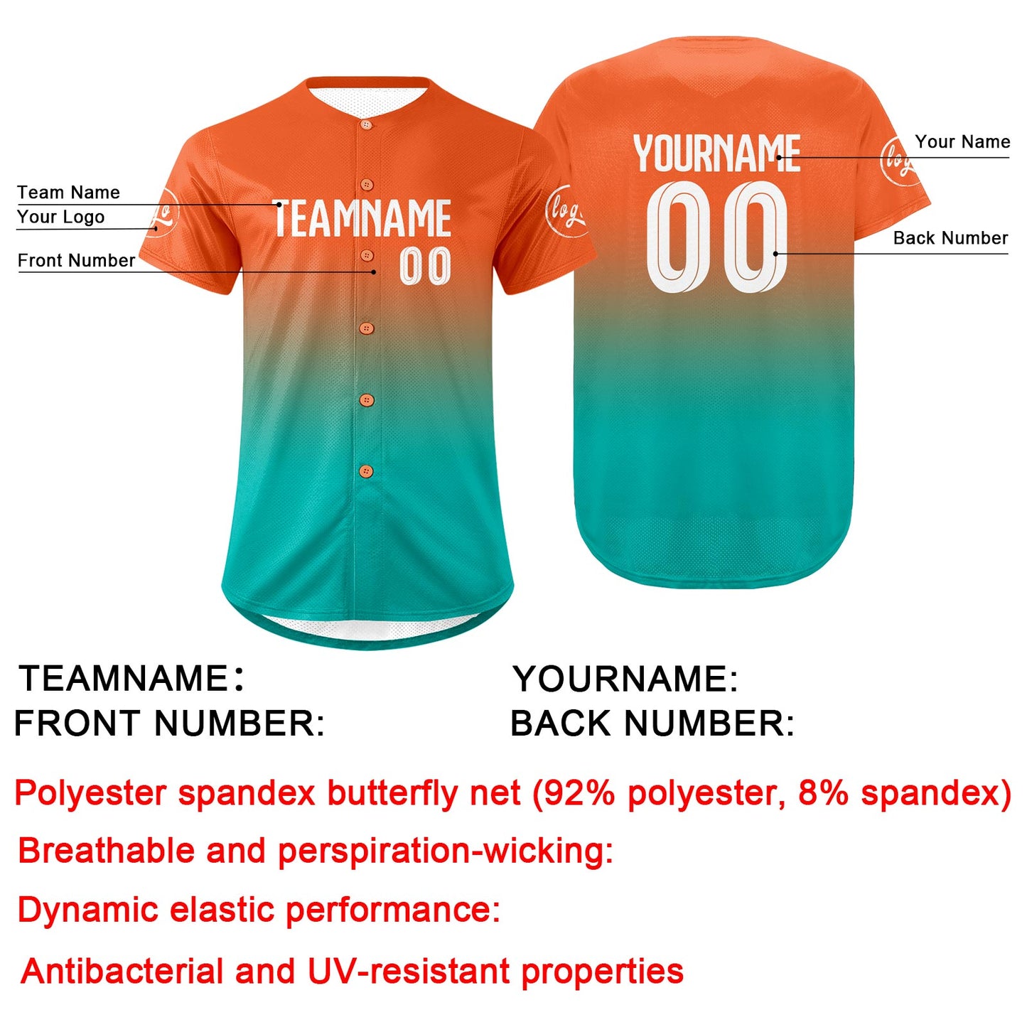 Custom Orange Cyan Baseball Jersey Personalized Gradient Team Uniforms Shirt with Name Number