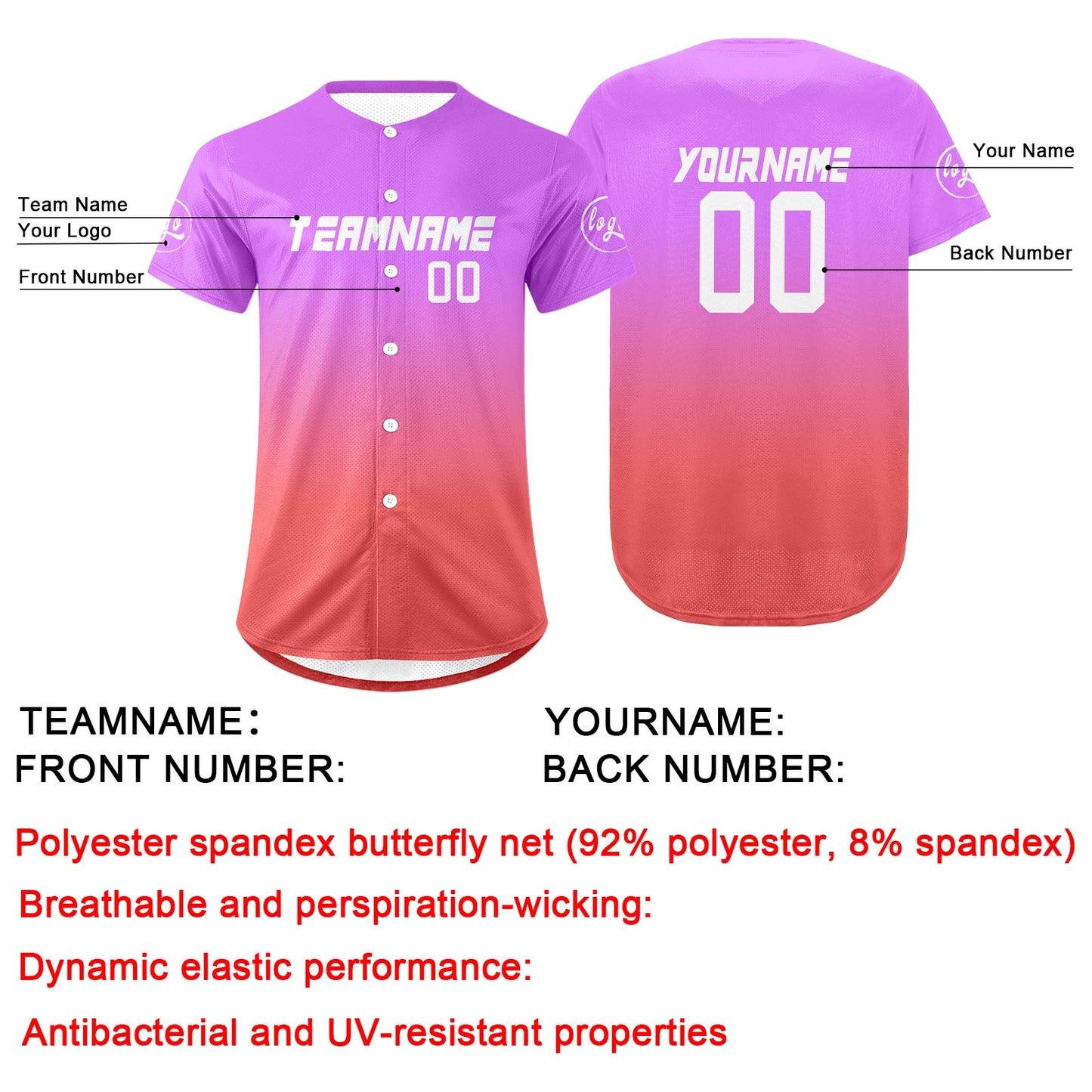 Custom Purple Pink Baseball Jersey Personalized Gradient Team Uniforms Shirt with Name Number