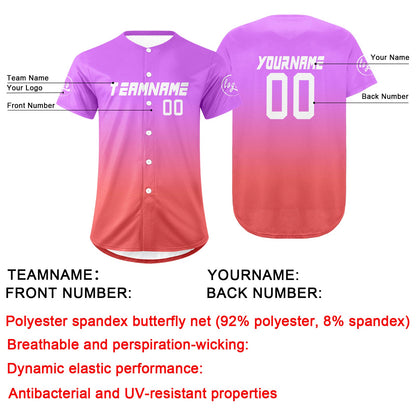 Custom Purple Pink Baseball Jersey Personalized Gradient Team Uniforms Shirt with Name Number