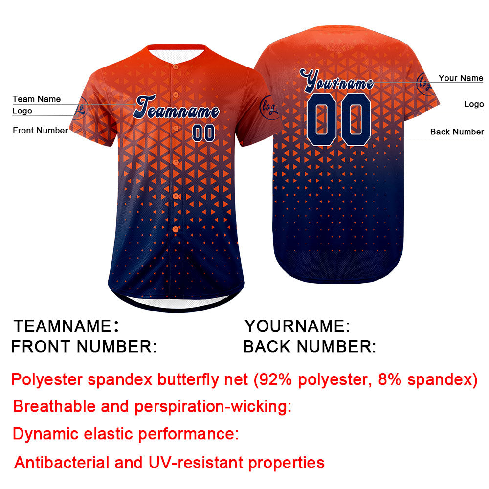Custom Orange Navy Baseball Jersey Personalized Gradient Team Uniforms Shirt with Name Number