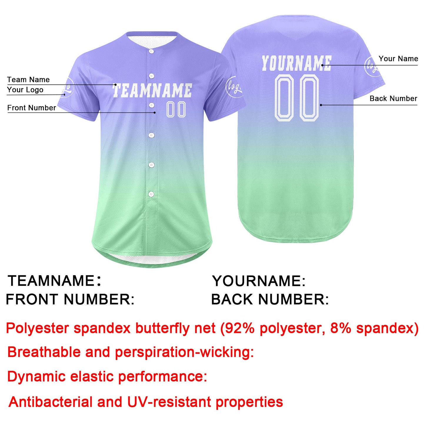 Custom Light Purple Light Green Baseball Jersey Personalized Gradient Team Uniforms Shirt with Name Number