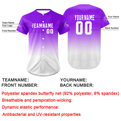 Custom Purple White Baseball Jersey Personalized Gradient Team Uniforms Shirt with Name Number