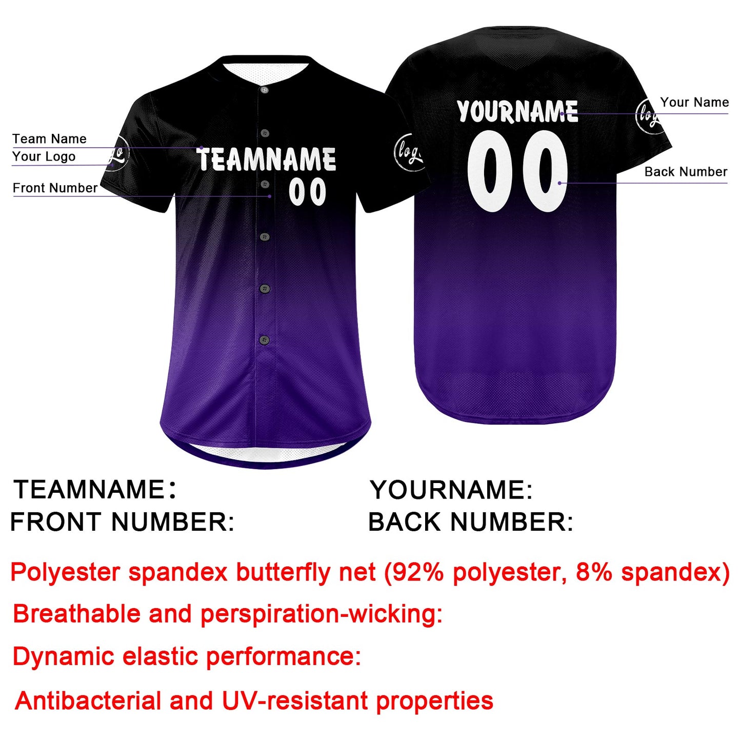 Custom Black Purple Baseball Jersey Personalized Gradient Team Uniforms Shirt with Name Number