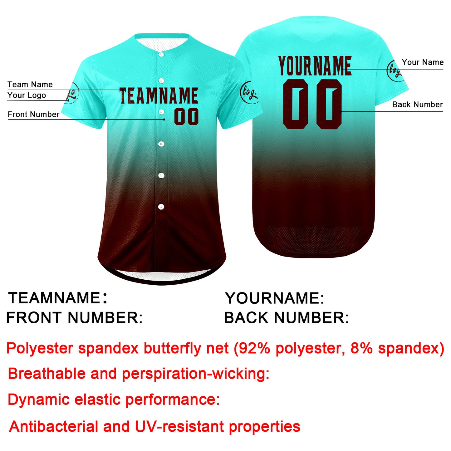 Custom Cyan Drake Brown Baseball Jersey Personalized Gradient Team Uniforms Shirt with Name Number