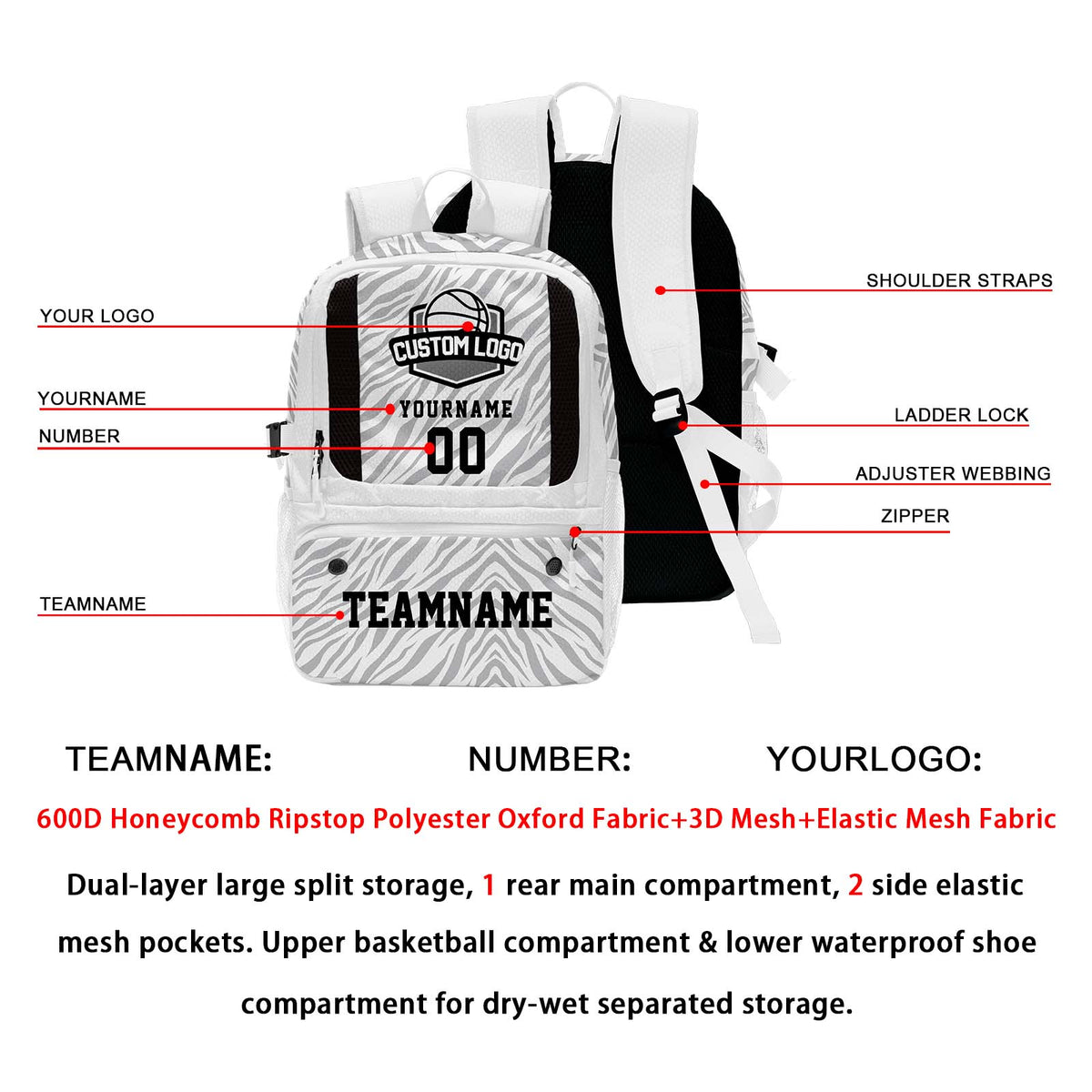 Custom Light Gray White Basketball Soccer Backpack Personalized Player Names - Numbers & Team Logo #150-BP-0914-0014