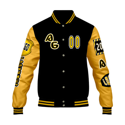 Custom Black Yellow Letterman Varsity Jacket Personalized Embroidery Printing