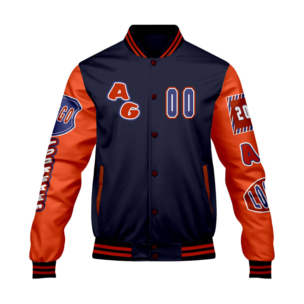 Custom Navy Orange Letterman Varsity Jacket Personalized Embroidery Printing