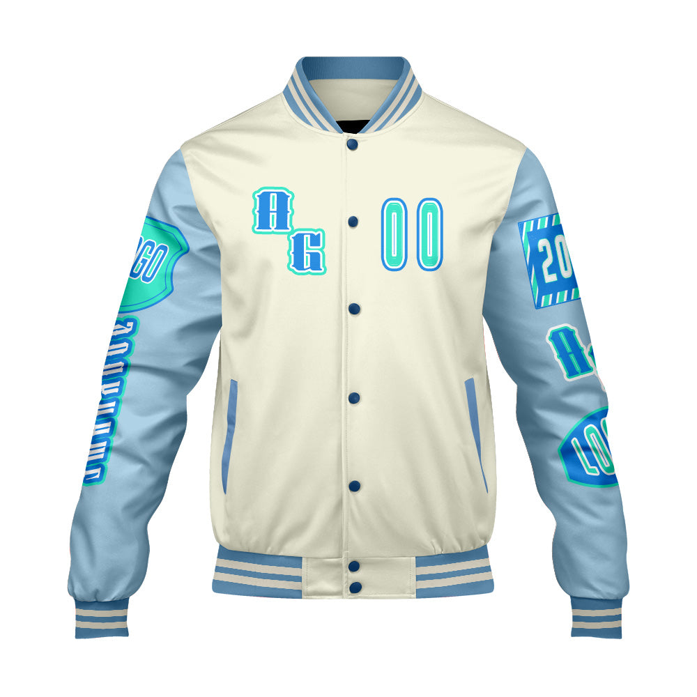 Custom Blue Green Letterman Varsity Jacket Personalized Embroidery Printing