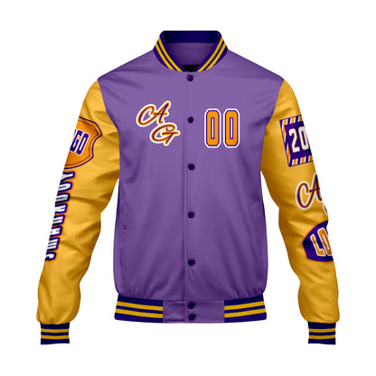 Custom Purple Yellow Letterman Varsity Jacket Personalized Embroidery Printing