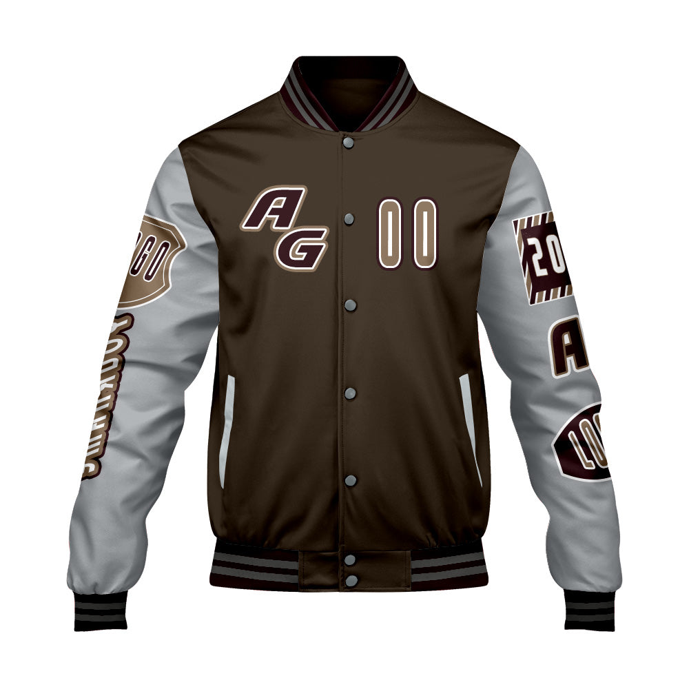 Custom Brown Grey Letterman Varsity Jacket Personalized Embroidery Printing