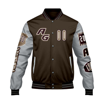 Custom Brown Grey Letterman Varsity Jacket Personalized Embroidery Printing