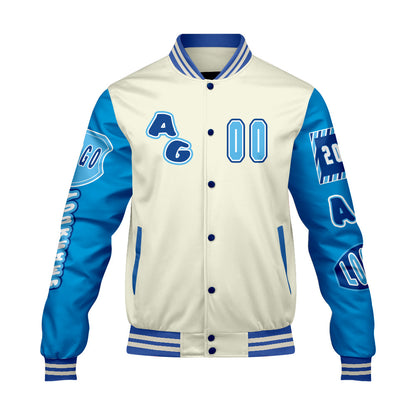 Custom White Blue Letterman Varsity Jacket Personalized Embroidery Printing