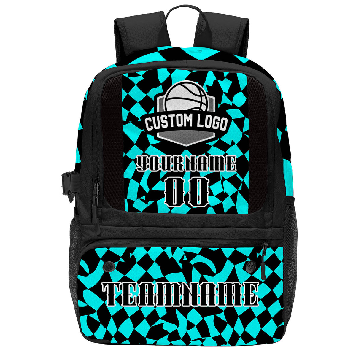 Custom Cyan Black Basketball Soccer Backpack Personalized Player Names Numbers Team Logo #BB-0919-0011