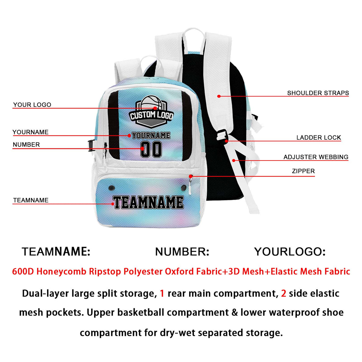 Custom White Basketball Soccer Backpack Personalized Player Names - Numbers & Team Logo #150-BP-0914-0030