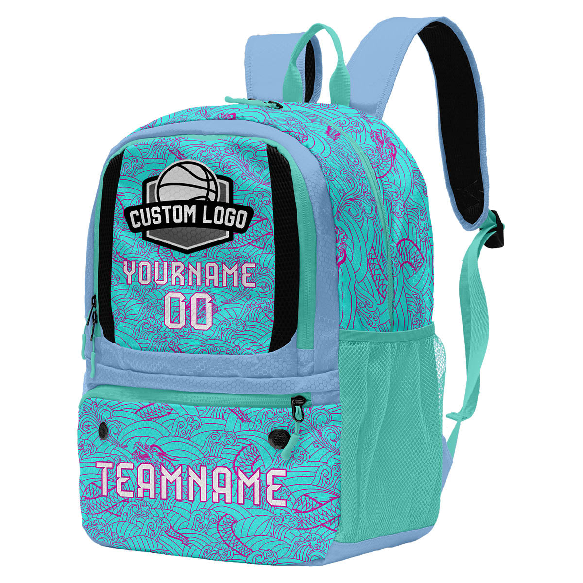 Custom Cyan Purple Blue Basketball Soccer Backpack Personalized Player Names Numbers Team Logo #BB-0919-0013