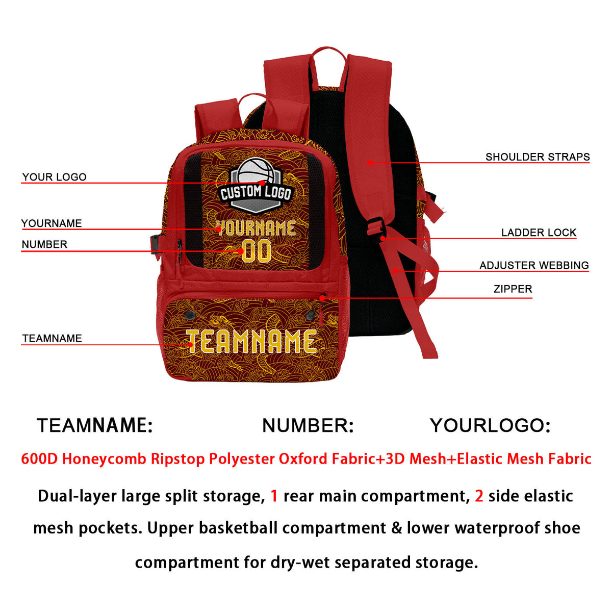 Custom Wine Red Yellow Basketball Soccer Backpack Personalized Player Names Numbers Team Logo #BB-0919-0039