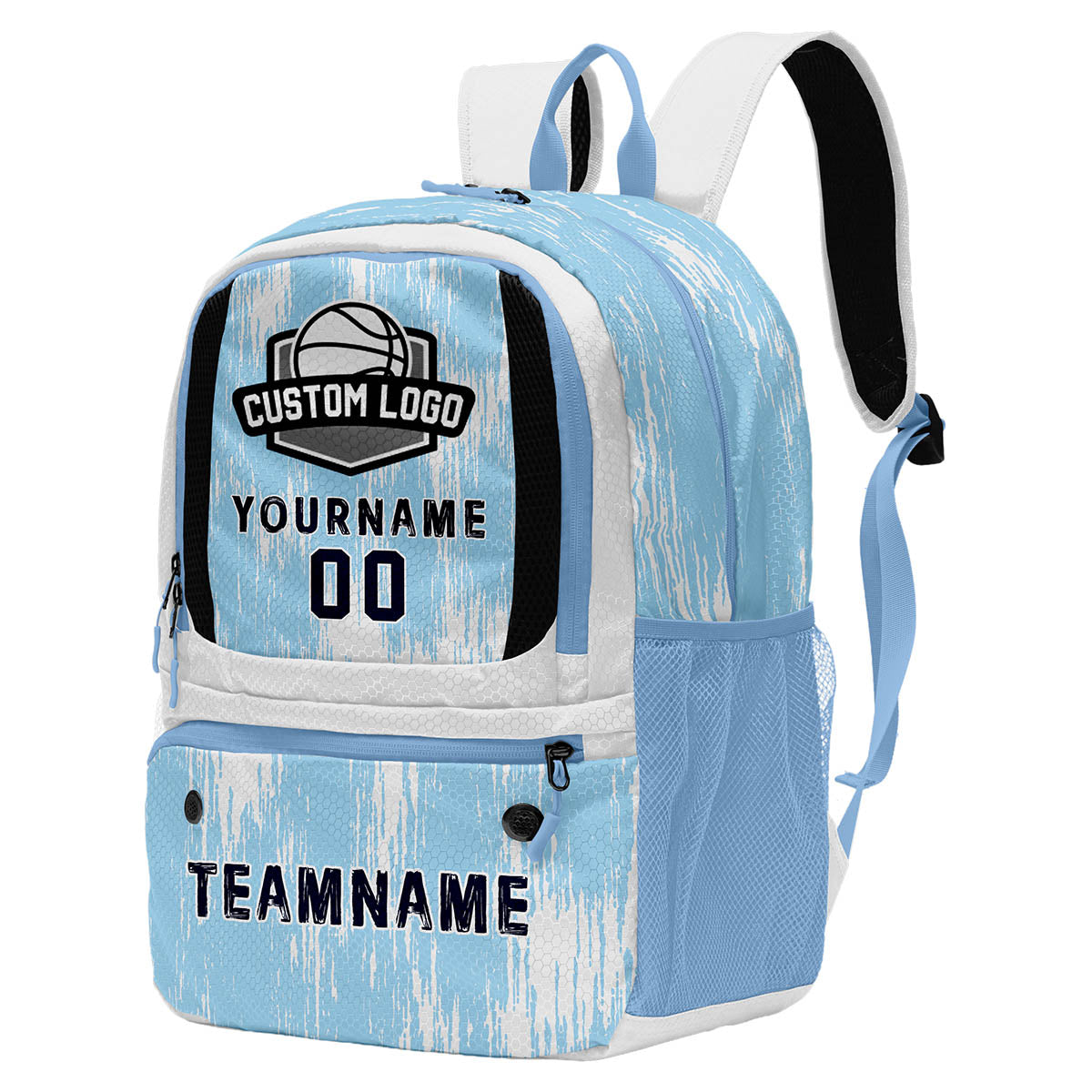 Custom Light Blue White Deep Blue Basketball Soccer Backpack Personalized Player Names Numbers Team Logo #BB-0919-0021