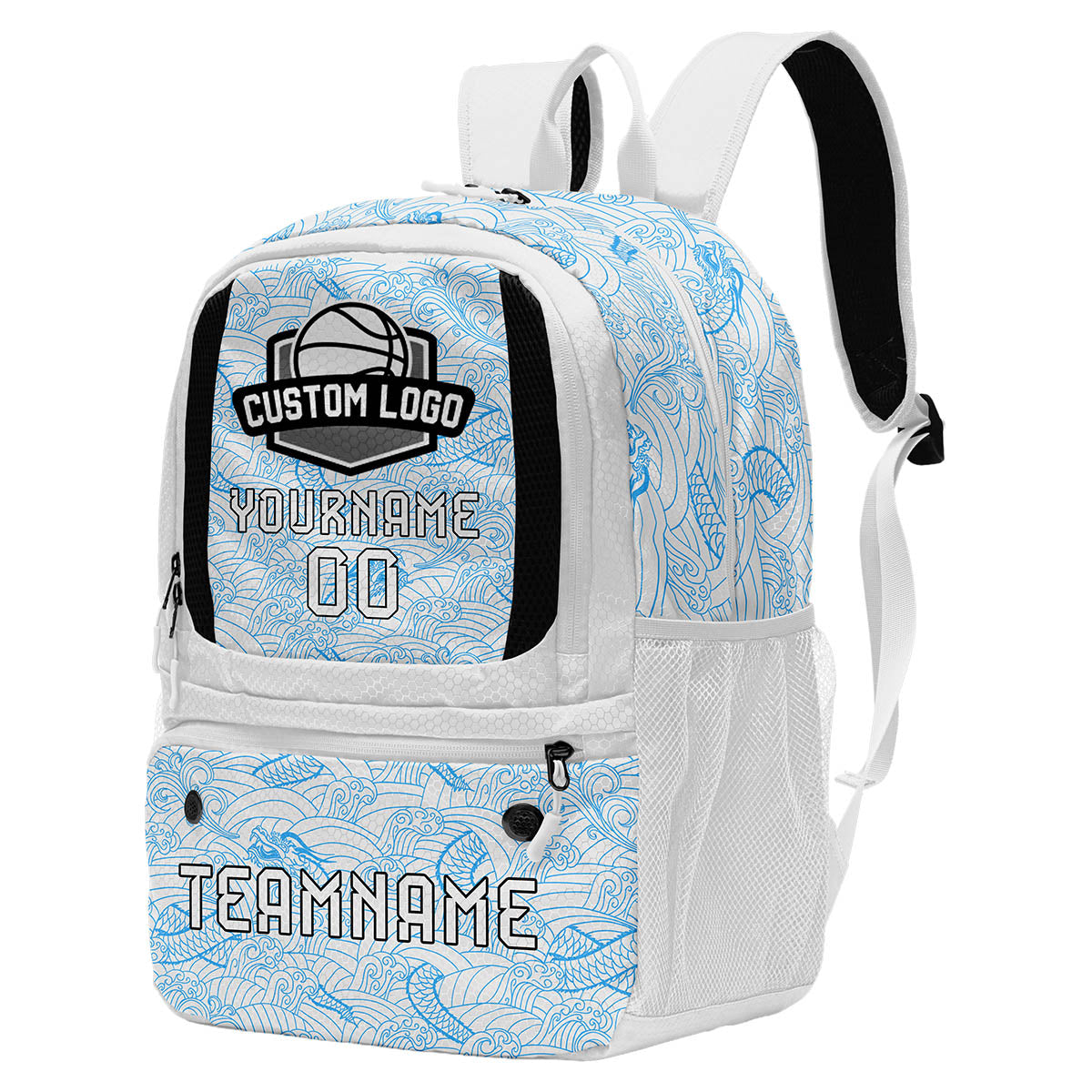 Custom White Blue Basketball Soccer Backpack Personalized Player Names Numbers Team Logo #BB-0919-0038