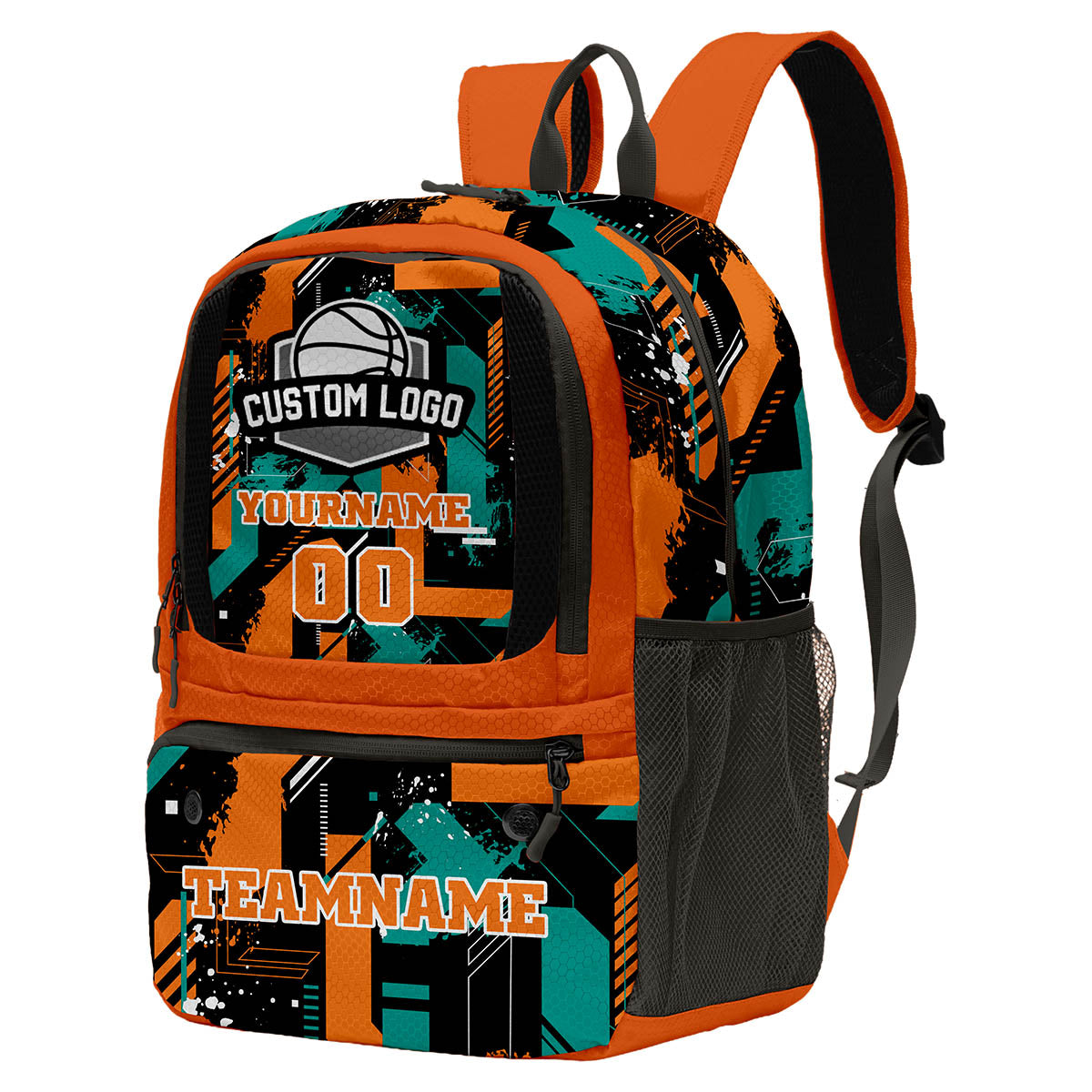 Custom Orange Black Cyan Basketball Soccer Backpack Personalized Player Names Numbers Team Logo #BB-0919-0024