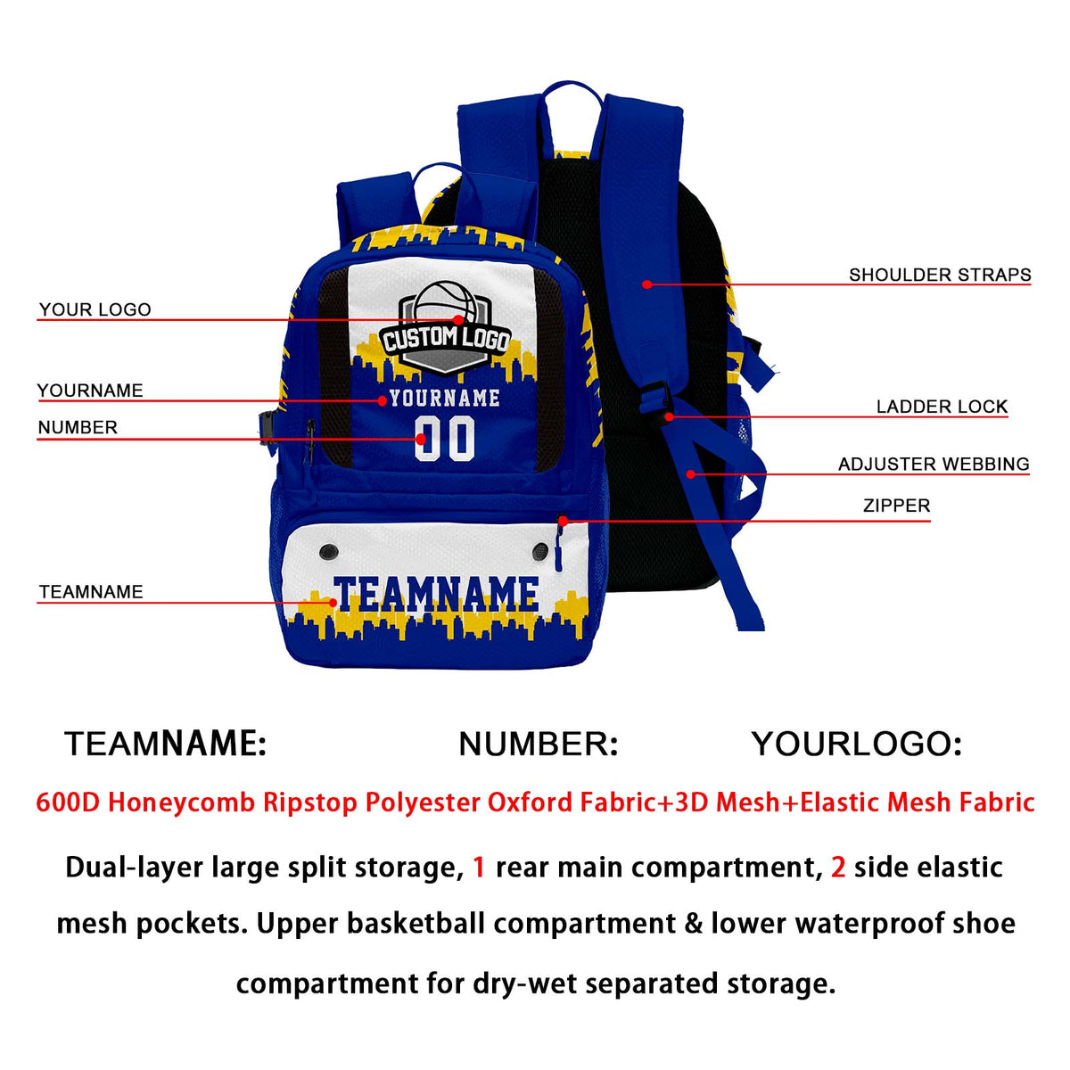 Custom Blue Basketball Soccer Backpack Personalized Player Names - Numbers & Team Logo #150-BP-0914-0011
