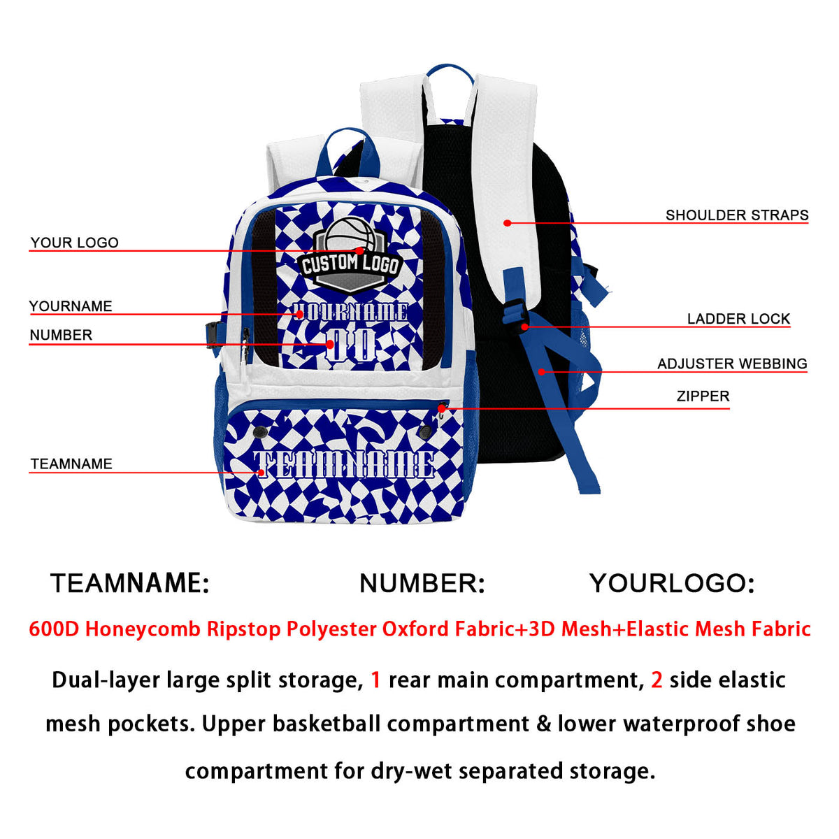 Custom White Blue Basketball Soccer Backpack Personalized Player Names Numbers Team Logo #BB-0919-0037