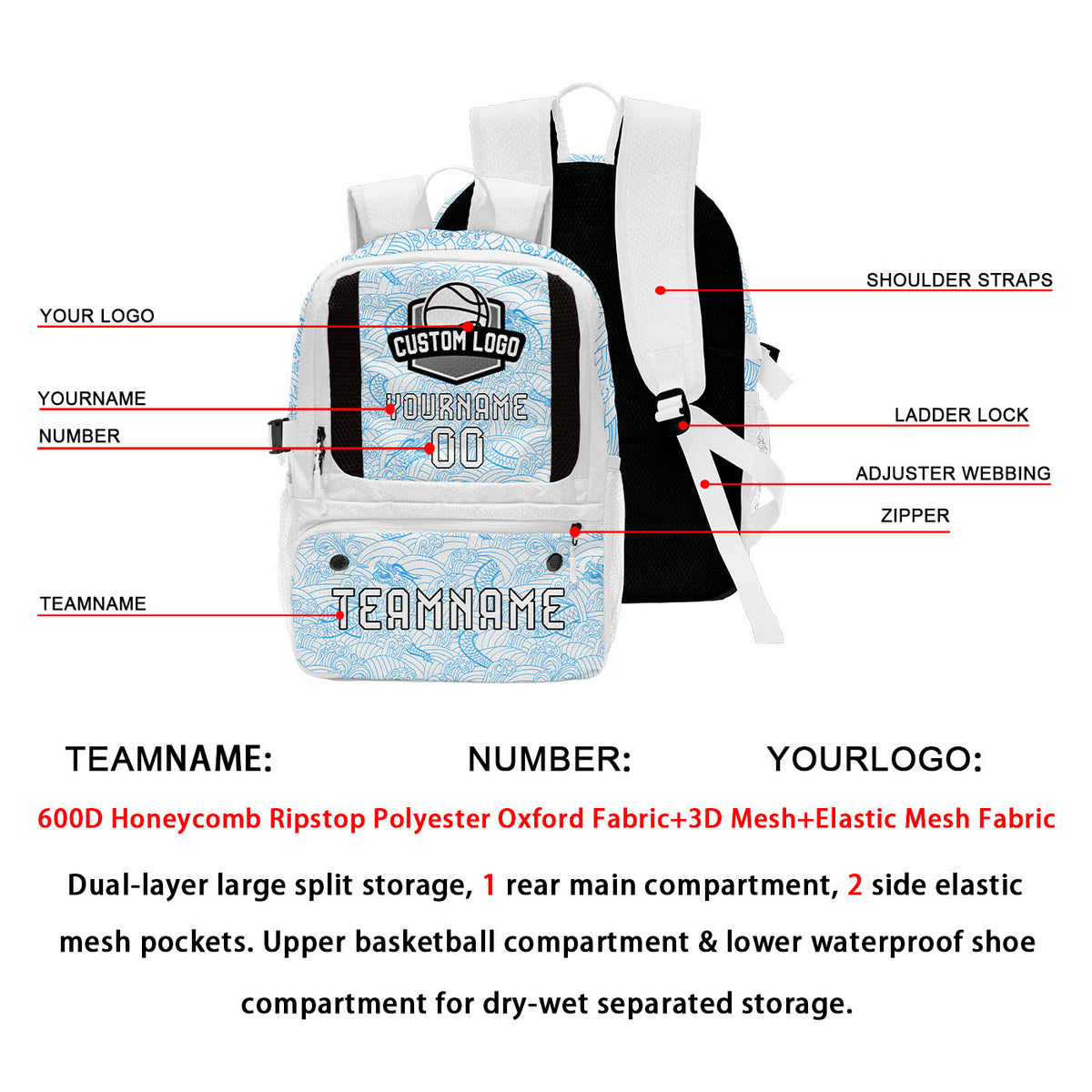 Custom White Blue Basketball Soccer Backpack Personalized Player Names Numbers Team Logo #BB-0919-0038