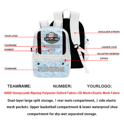 Custom White Blue Basketball Soccer Backpack Personalized Player Names Numbers Team Logo #BB-0919-0038
