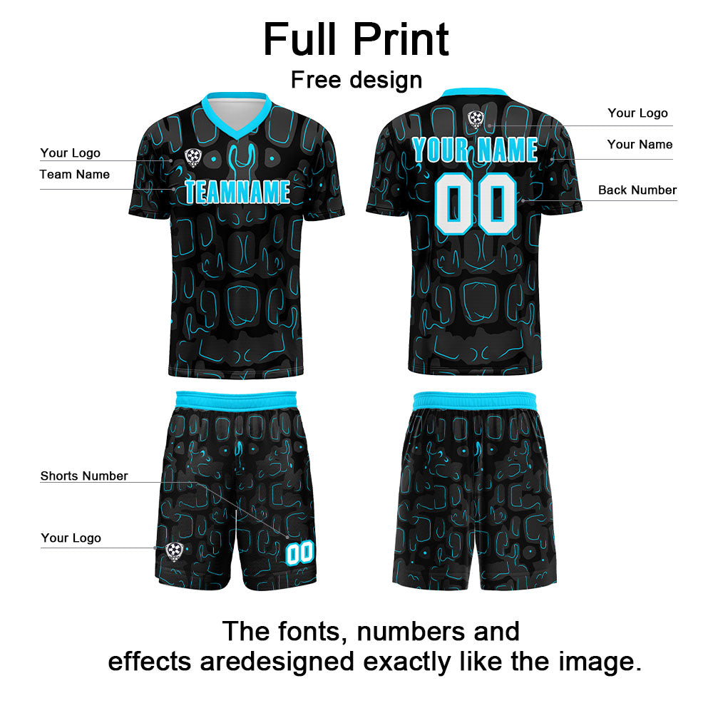 Custom Black Blue Cyan Soccer Uniform Jersey Kids Adults Personalized Set Jersey Shirt