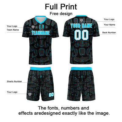 Custom Black Blue Cyan Soccer Uniform Jersey Kids Adults Personalized Set Jersey Shirt