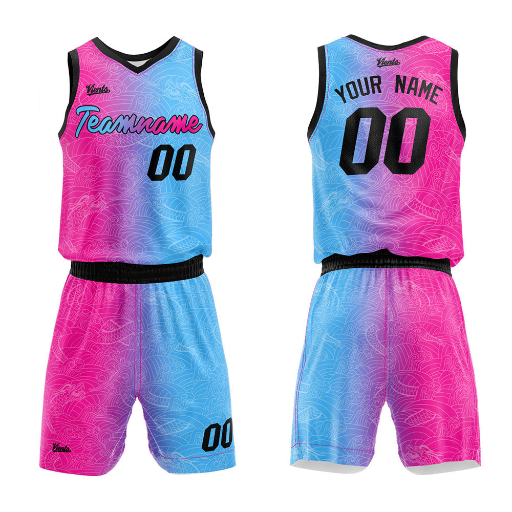 custom texture basketball suit kids adults personalized jersey rose red-blue