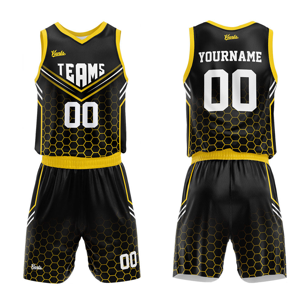 custom hive basketball suit kids adults personalized jersey black-yellow
