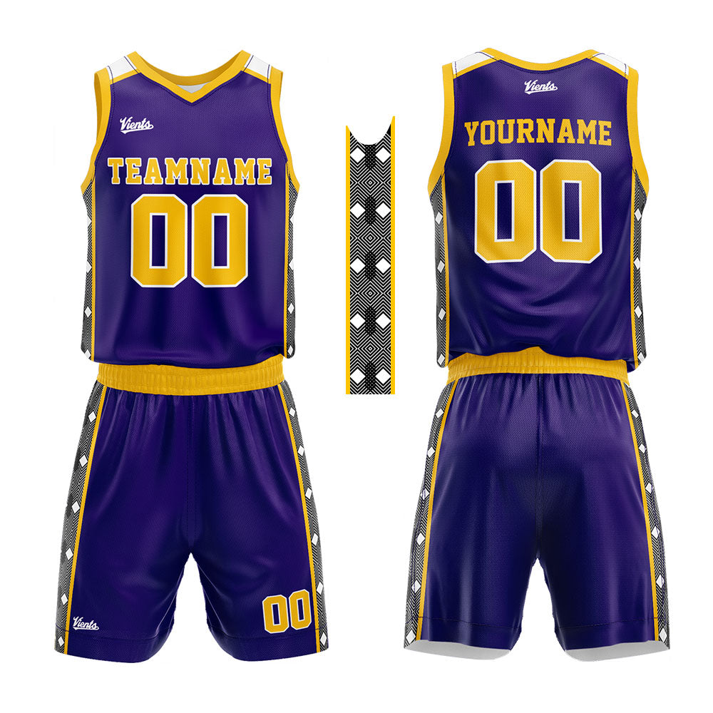 custom basketball suit for adults and kids  personalized jersey purple-yellow