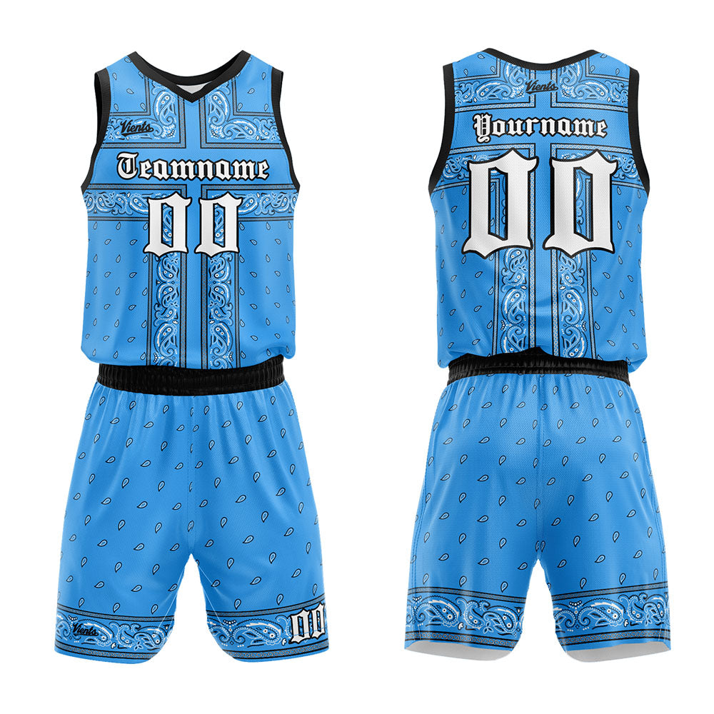 custom bandanna basketball suit for adults and kids  personalized jersey light blue