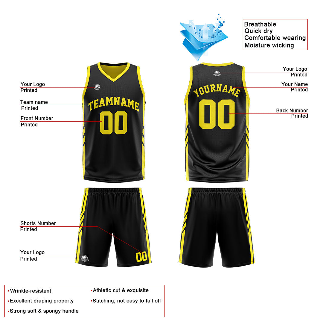 Custom Reversible Basketball Suit for Adults and Kids Personalized Jersey Black-Yellow
