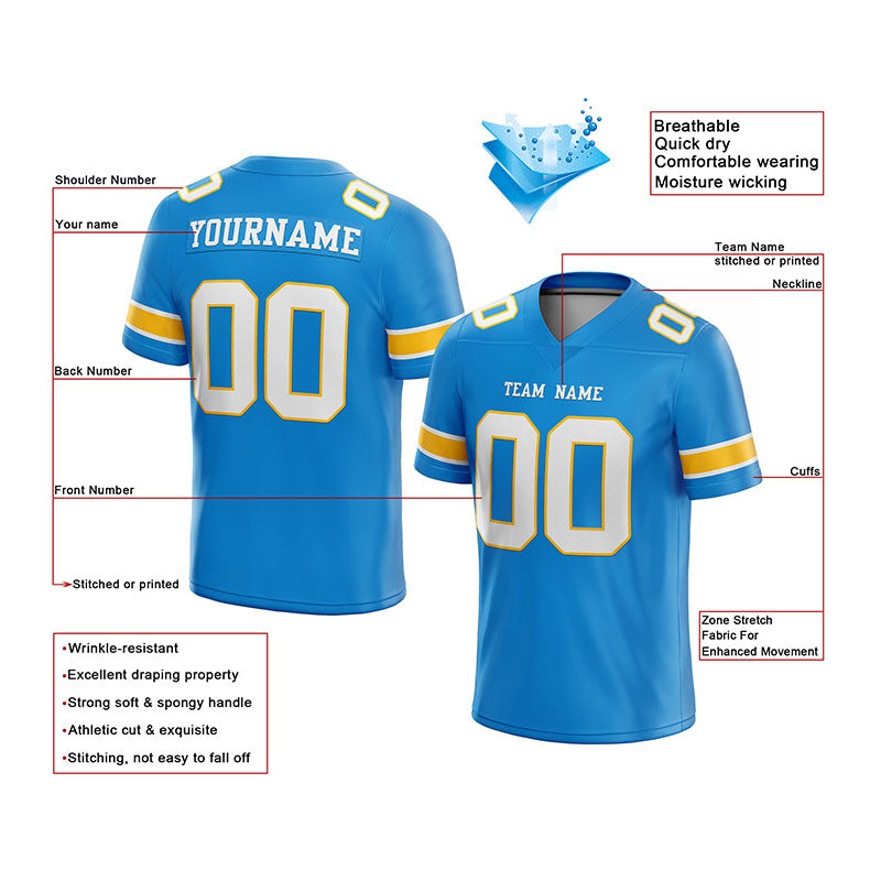 customized  authentic football jersey powder blue white -yellow mesh