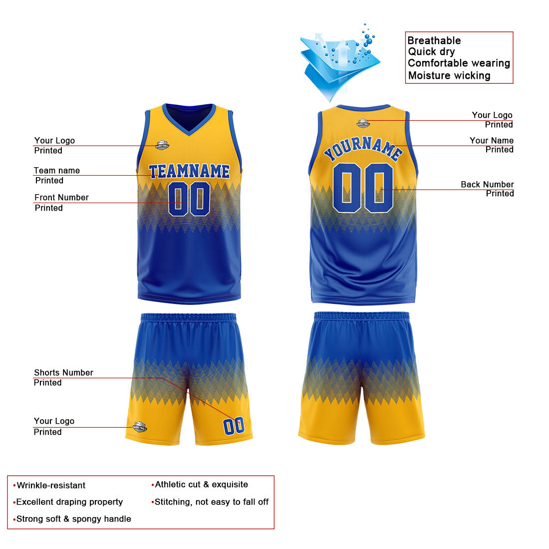 Custom Reversible Basketball Suit for Adults and Kids Personalized Jersey Blue-Yellow