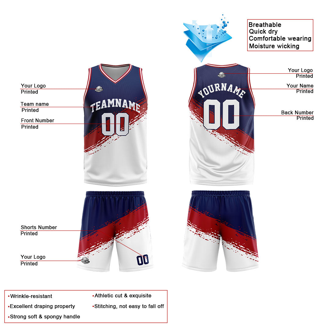Custom Reversible Basketball Suit for Adults and Kids Personalized Jersey Navy-Red-White