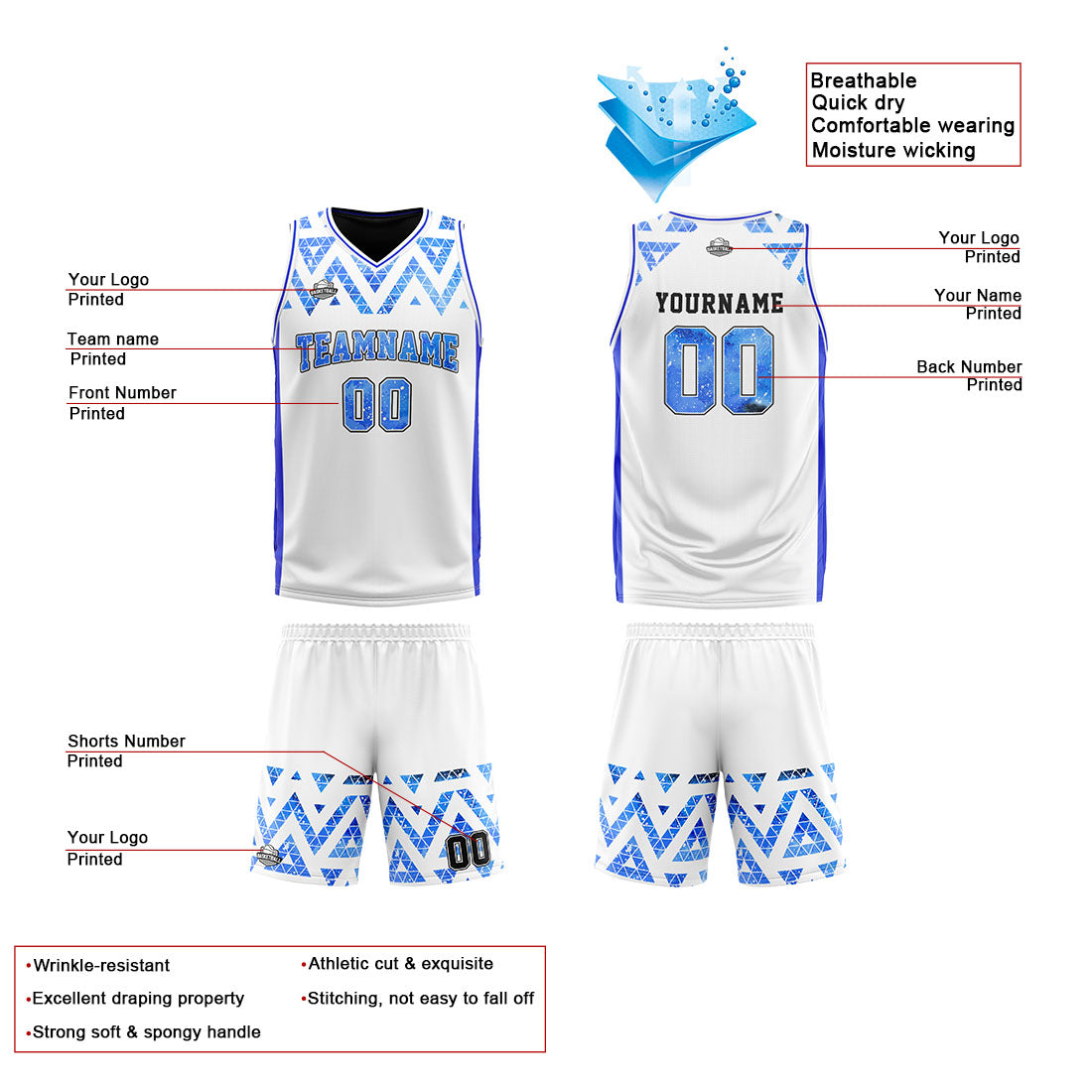 Custom Reversible Basketball Suit for Adults and Kids Personalized Jersey Blue-Black-White