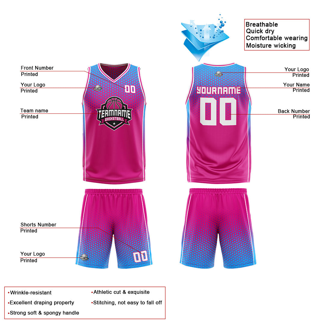 Custom Reversible Basketball Suit for Adults and Kids Personalized Jersey Hot Pink-Blue