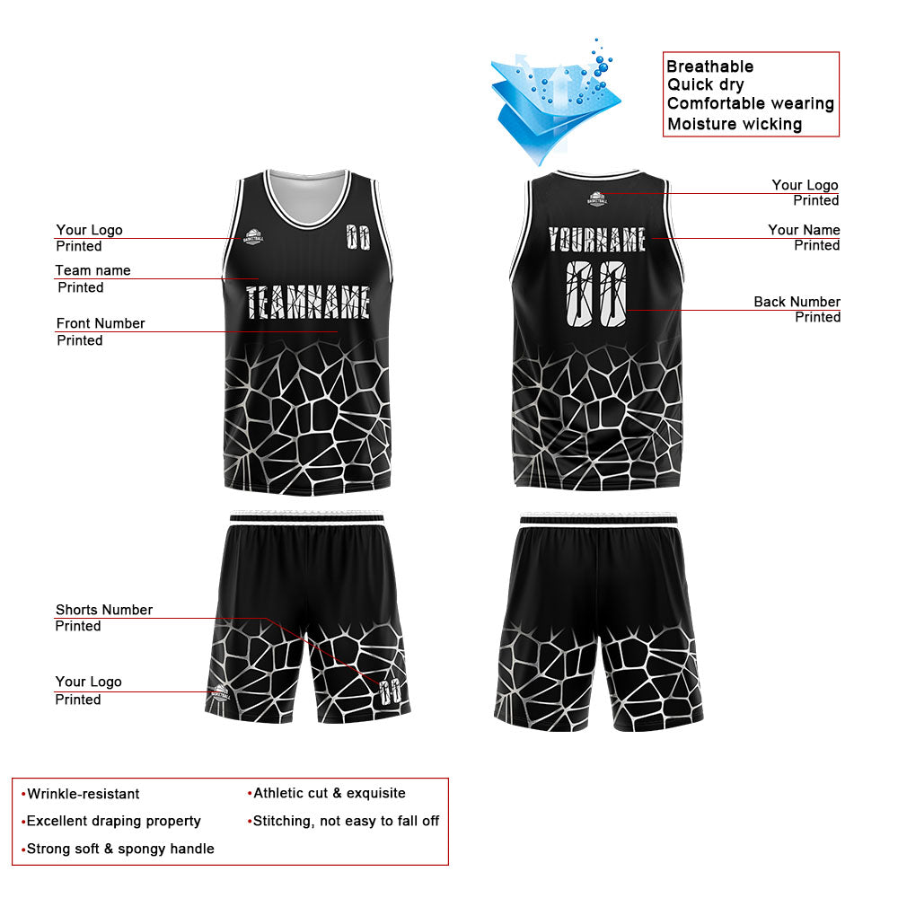 Custom Basketball Jersey Uniform Suit Printed Your Logo Name Number Black&White