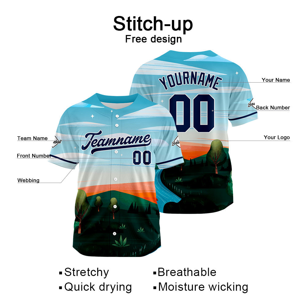 Custom Full Print Design Baseball Jersey light blue-black-orange