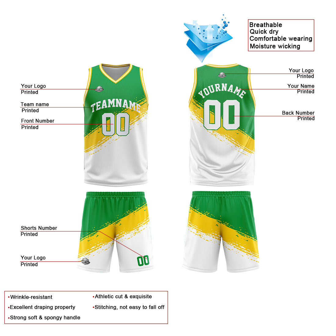 Custom Reversible Basketball Suit for Adults and Kids Personalized Jersey Green-Yellow-White
