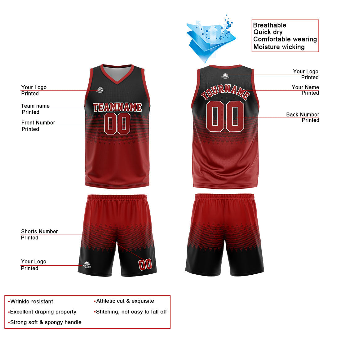 Custom Reversible Basketball Suit for Adults and Kids Personalized Jersey Red-Black